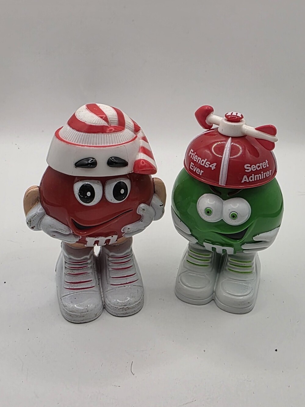 Vintage M&M Candy Dispensers Toppers Red & Green Valentine Christmas Lot of 2